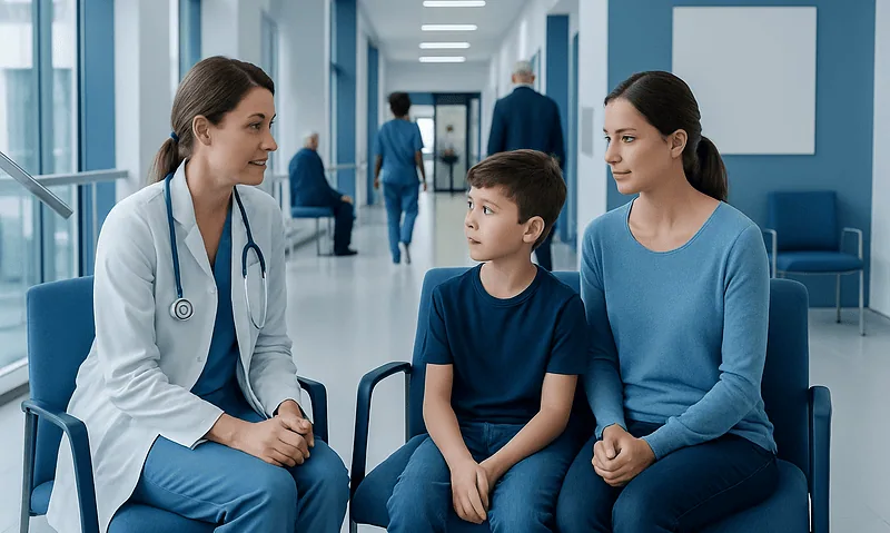 Neuropediatrics: Warning Signs a Child May Need a Pediatric Neurology Evaluation 5 Doctor consulting a young boy and his mother in a hospital corridor.