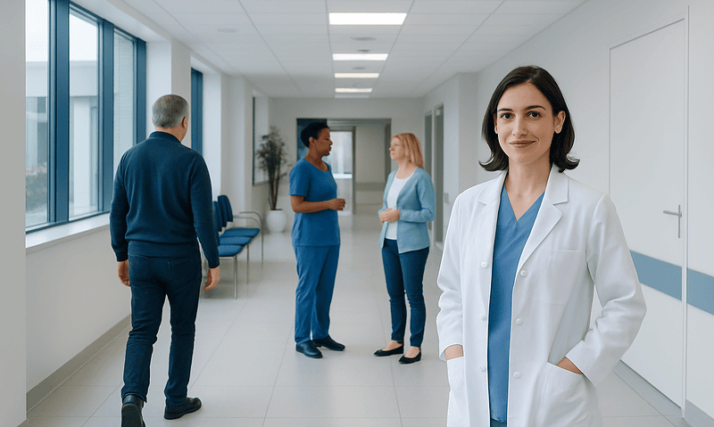 Healthcare professionals and a doctor in a hospital corridor.