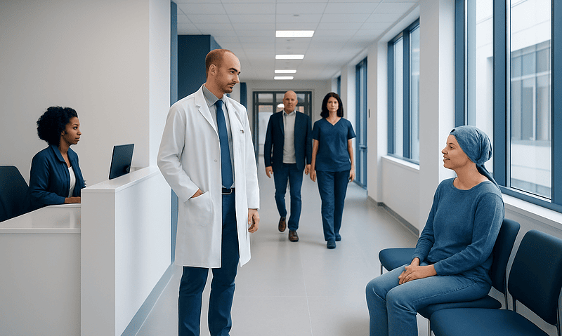 What Is Oncology? Cancer Care Terms and Specialty Types Explained 8 Doctor talking to a patient in a hospital corridor with medical staff in the background.