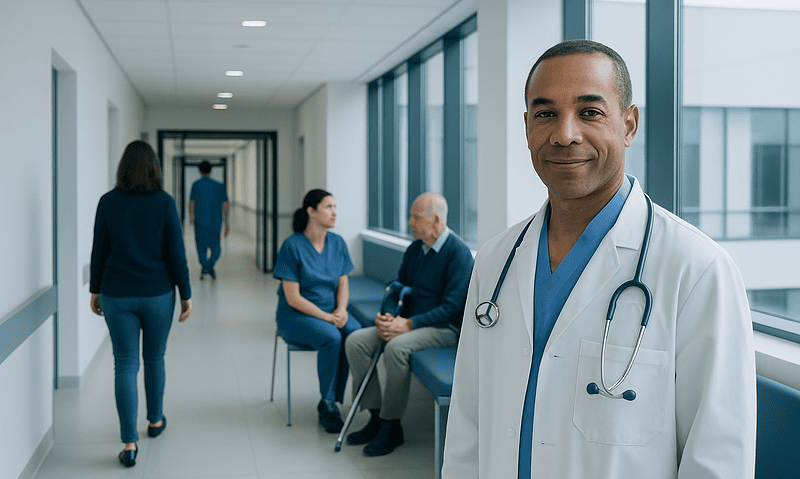 What Is Orthopedics? Understanding the Field and When to See a Specialist 5 Healthcare professional in a hospital corridor with patients and staff.