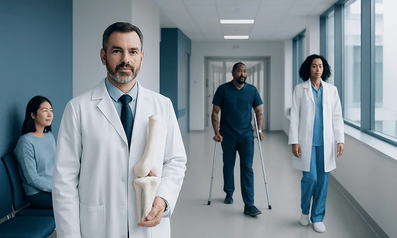 Orthopedic doctor holding a bone model in hospital corridor with patients.