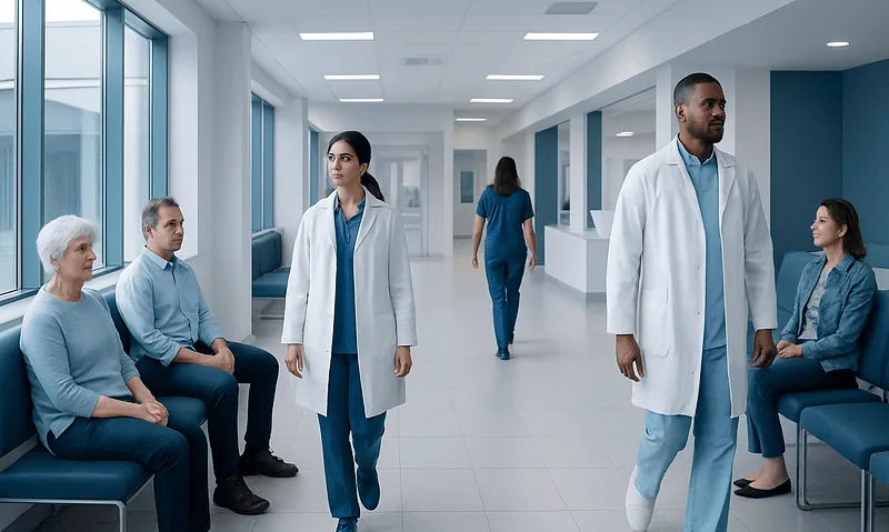 Photon-Counting CT: What Makes This Newer Scan Different? 8 Healthcare professionals and patients in a modern hospital corridor.