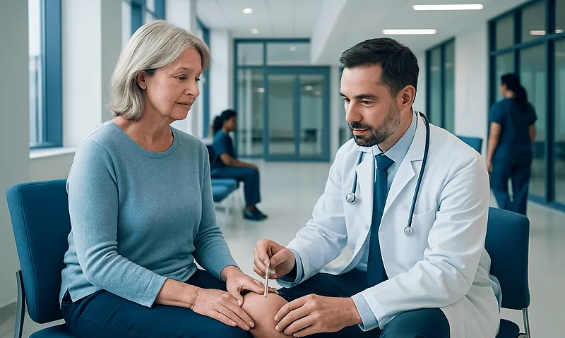 Doctor examining elderly woman's knee in a modern hospital setting.