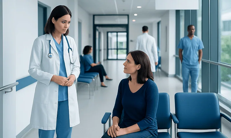 What Is PRP Treatment? Uses, Candidates, and Results 1 Medical consultation in hospital corridor with healthcare professionals and patient.