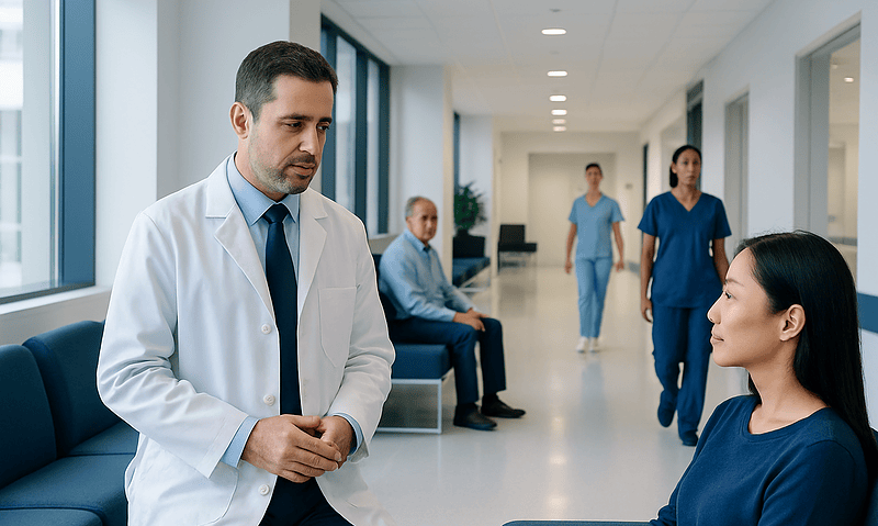 Doctor consulting a patient in a hospital corridor with medical staff in the background.
