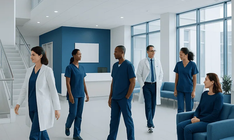 Medical professionals and staff in a modern hospital lobby.