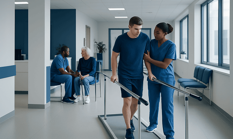 Rehabilitation therapy session with a patient and healthcare professionals in hospital.