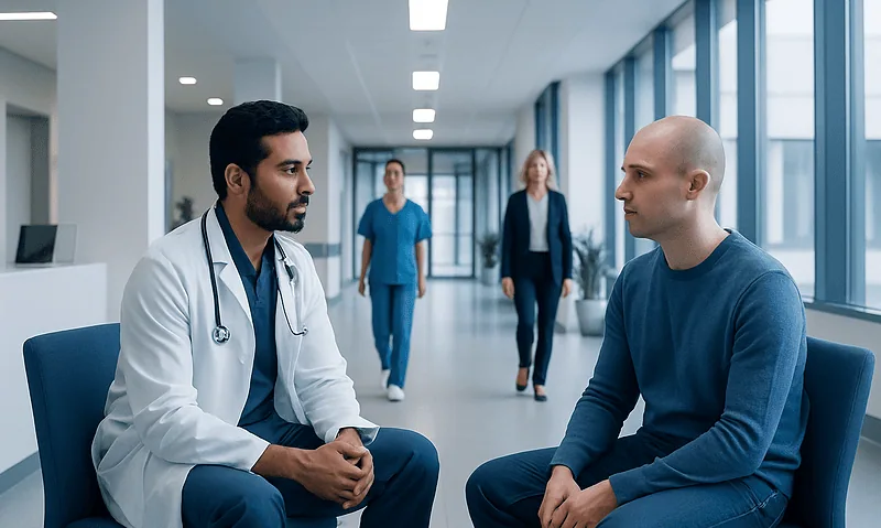 Doctor consulting with patient in modern hospital corridor.