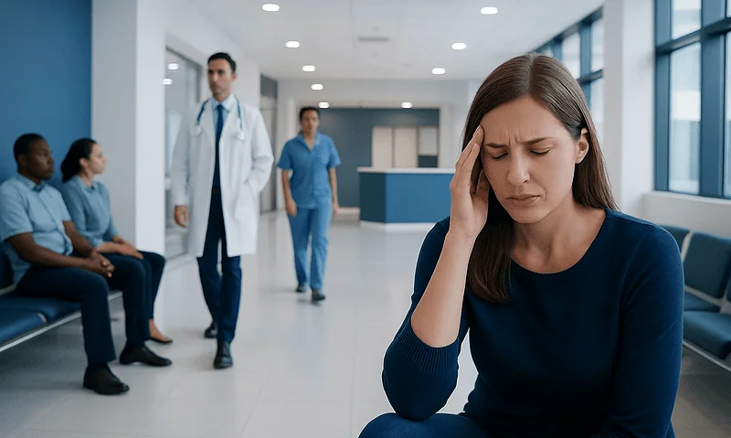 Woman with headache in hospital corridor with medical staff in background.