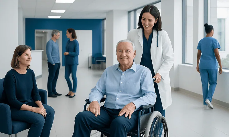 Senior man in wheelchair with healthcare staff in hospital corridor.