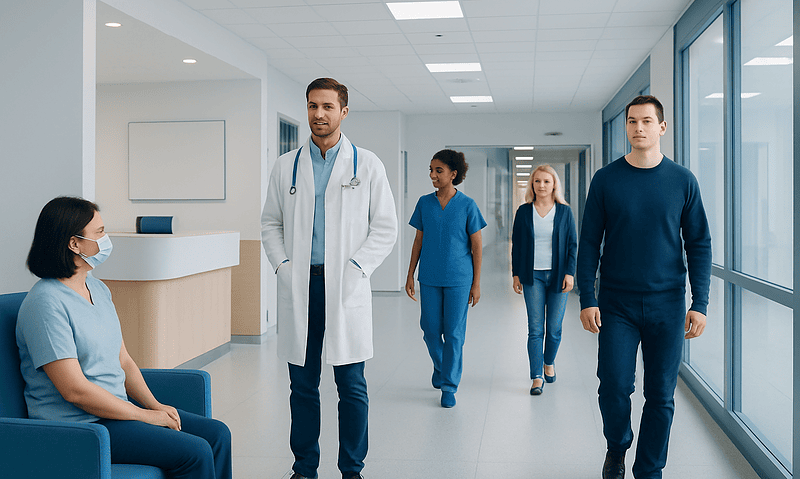 Healthcare professionals and patient in hospital corridor at Acibadem Hospitals Group.