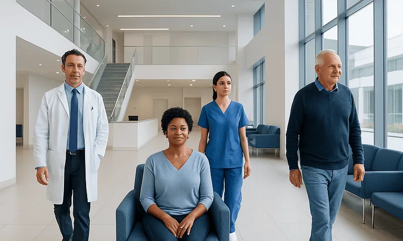 Diverse medical team in hospital lobby with patient and staff.