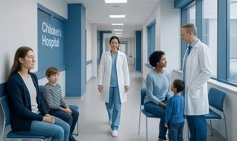 Children's hospital waiting area with doctors and children.