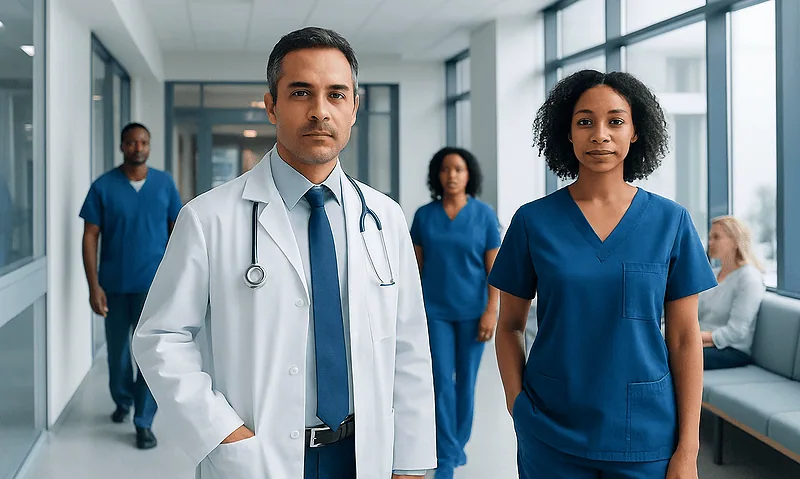 Medical team of doctors and nurses in hospital corridor.