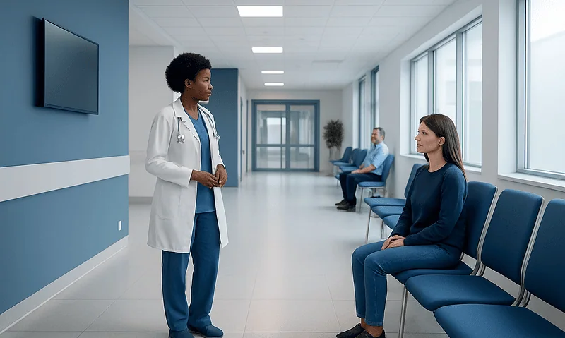 Doctor consulting a patient in a hospital corridor.