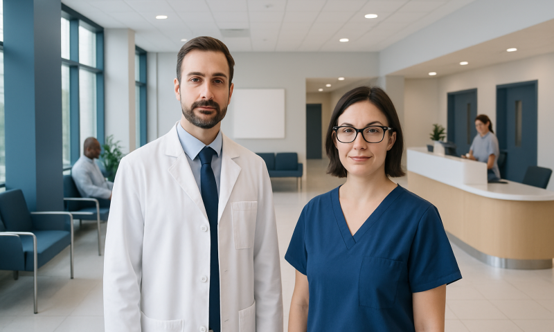 Ophthalmologist and optometrist in a modern clinic setting.