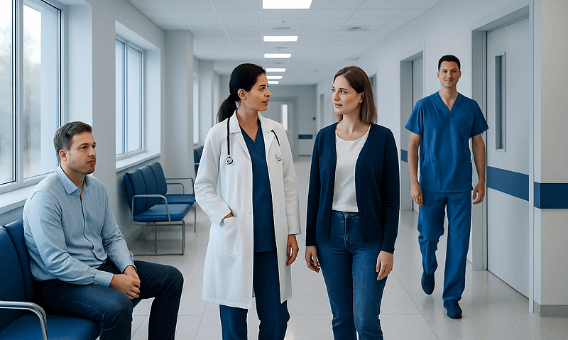Medical professionals and patient in hospital corridor at Acibadem Hospitals Group.