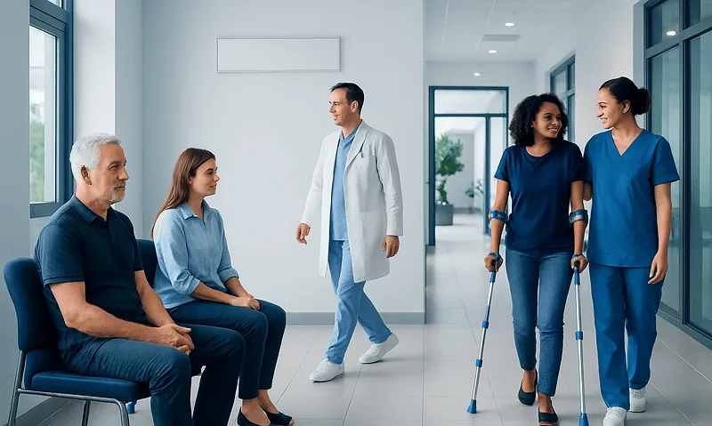 Patients and healthcare professionals in a hospital corridor.
