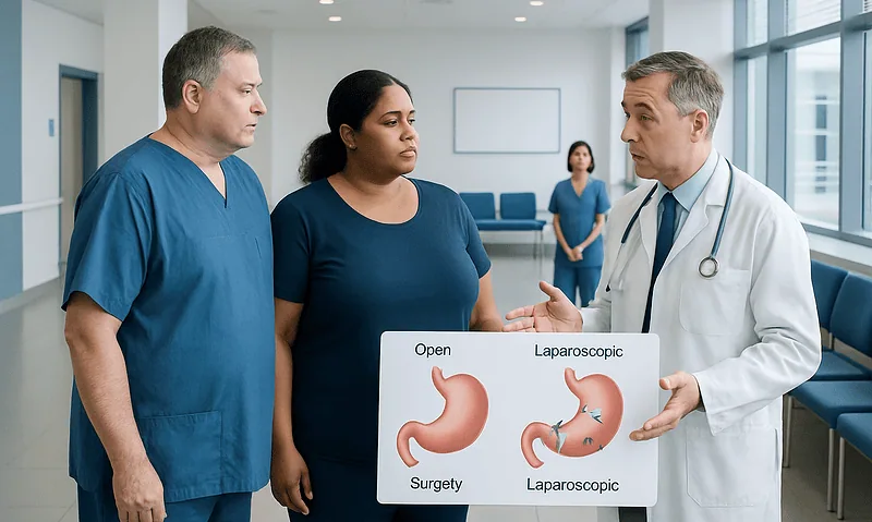 Doctor explains bariatric surgery options to patients in hospital corridor.