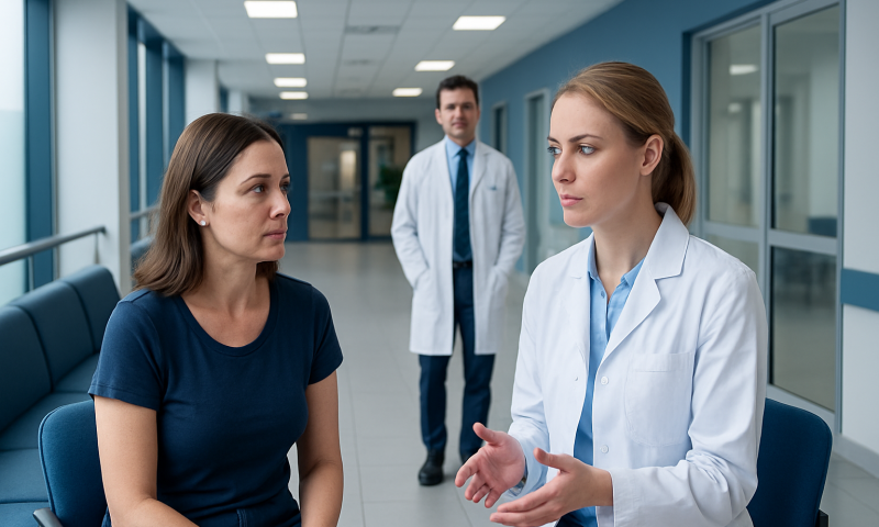 Doctor consulting with a patient in a hospital corridor.