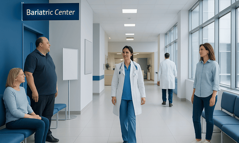 Hospital corridor with medical staff and patients at a bariatric center.
