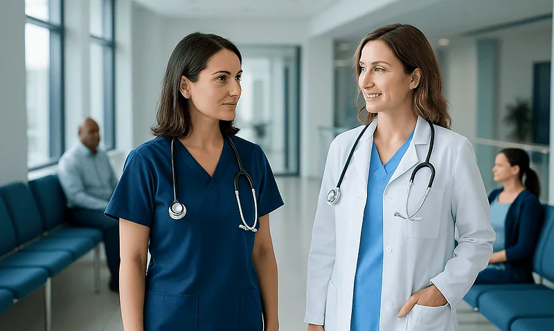 Two female healthcare professionals talking in a hospital corridor.