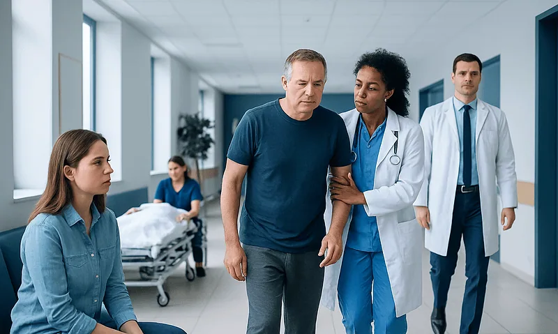 Patient assisted by nurse in hospital corridor with doctor and staff in background.