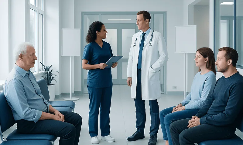 Doctor consulting with patients in a hospital waiting area.