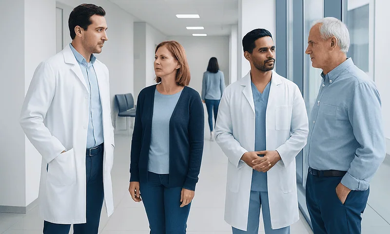 Doctors and patient discussing joint pain in hospital corridor.