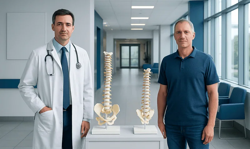 Spinal Fusion vs Disc Replacement: How Doctors Choose 15 Doctor and patient with spinal models in hospital corridor.