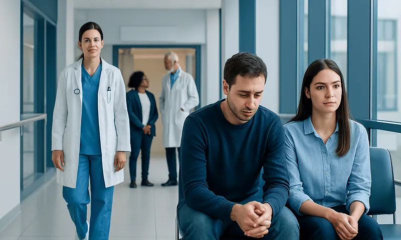 Patients waiting in a hospital corridor with medical staff nearby.