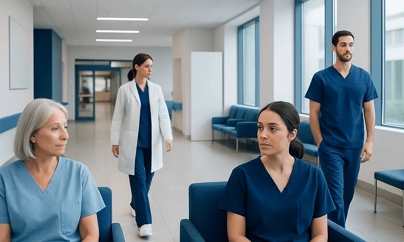 Medical team in hospital corridor preparing for patient consultation.