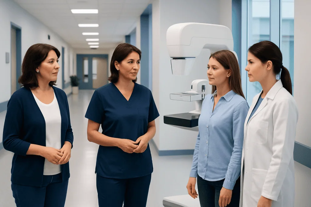 Diagnostic Mammogram vs Screening Mammogram: Key Differences Explained 1 Medical professionals discussing mammogram procedure in hospital corridor.