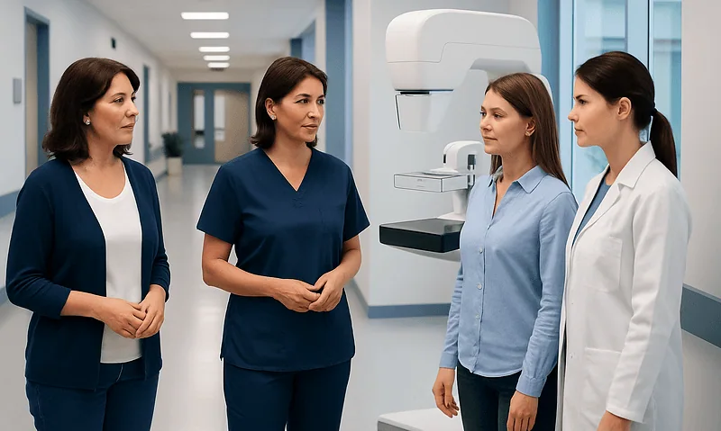 Medical professionals discussing mammogram procedure in hospital corridor.