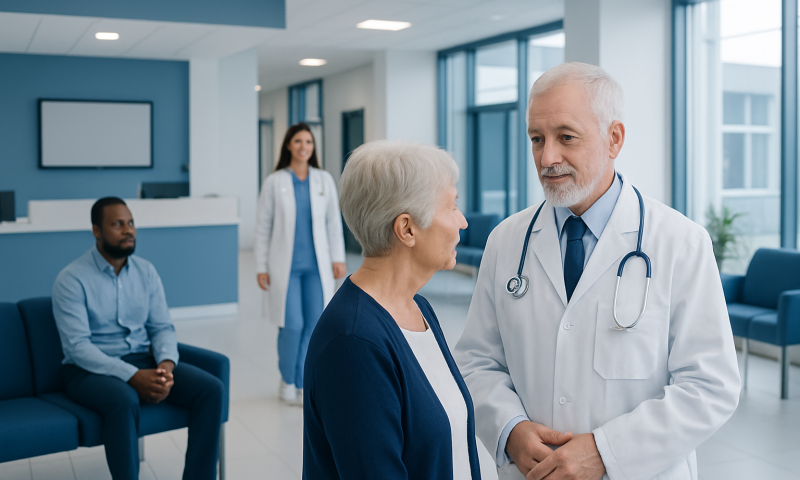 Senior woman consulting with an eye doctor in a hospital setting.