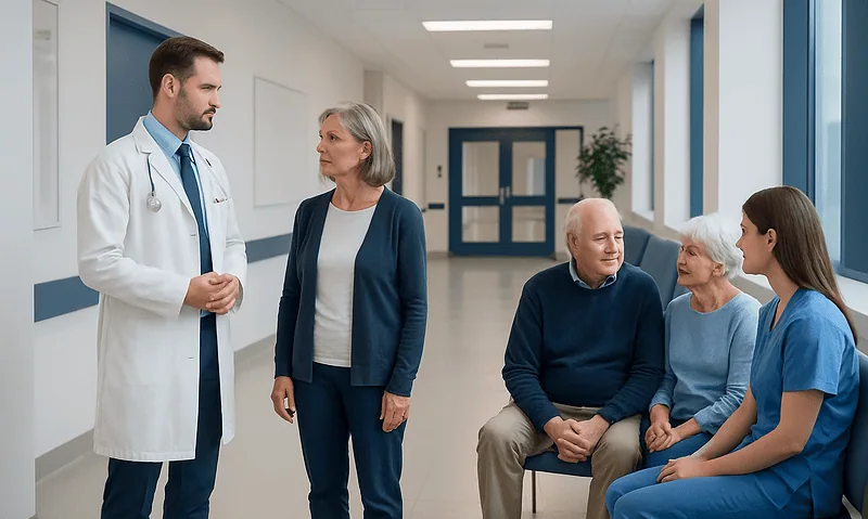 Doctor consulting with elderly patients in hospital corridor.
