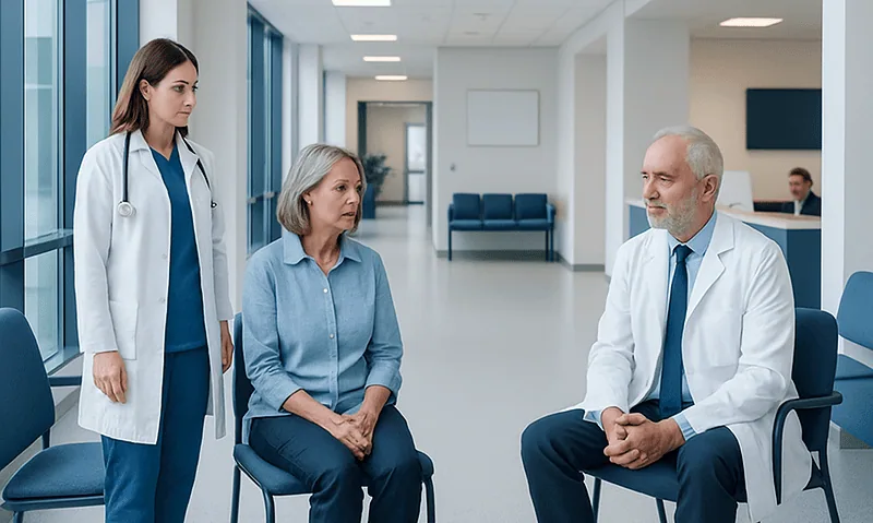 Doctor consulting elderly woman in hospital corridor.