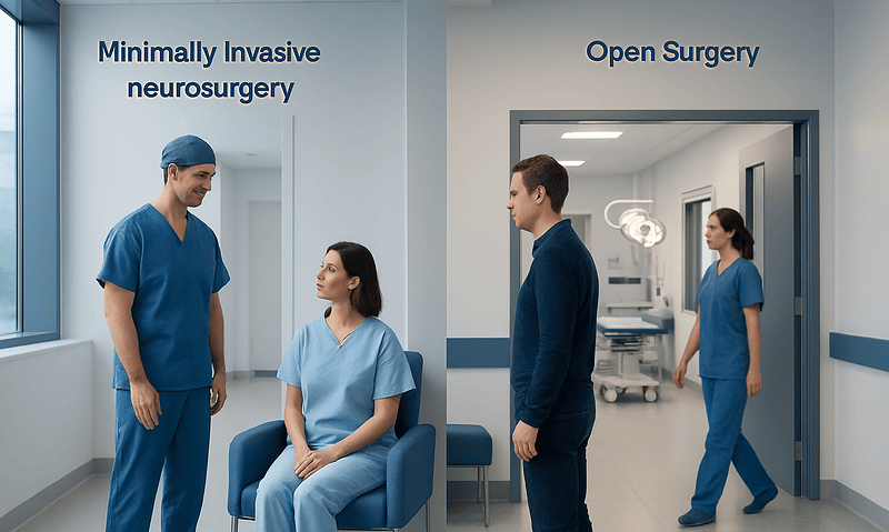 Medical professionals discuss minimally invasive and open neurosurgery options.