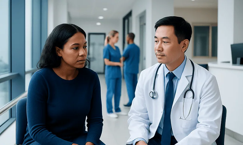 Doctor consulting with a patient in a hospital corridor.