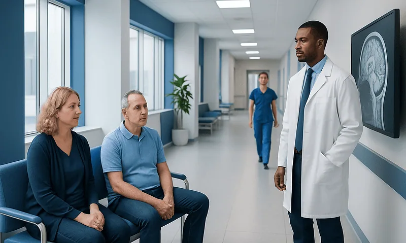 Doctor consulting patients in a hospital corridor with brain scan on screen.