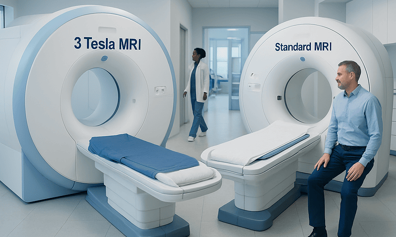 3 Tesla MRI vs Standard MRI: What Patients Should Know 3 Comparison of 3 Tesla MRI and Standard MRI machines in a hospital setting.