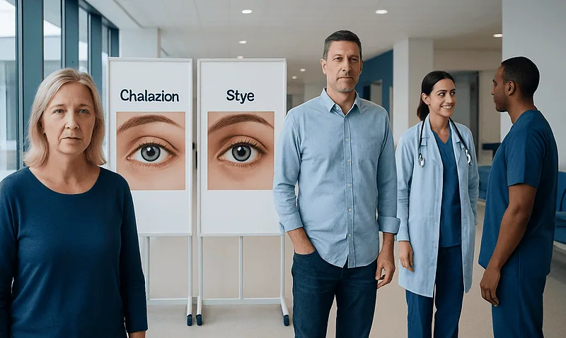 Medical professionals compare chalazion and stye eye conditions at a hospital.