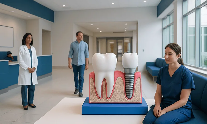 Dental consultation with a model of a tooth and root canal treatment.