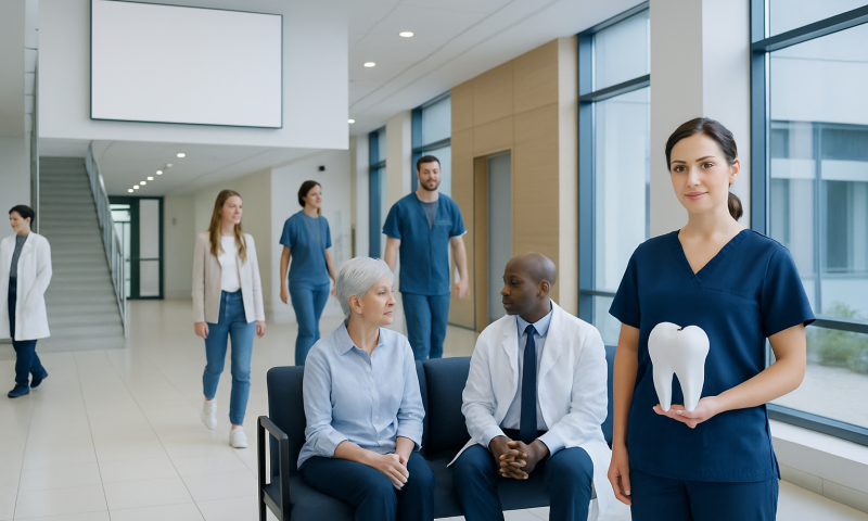 Dental professional holding a tooth model in a modern hospital corridor.