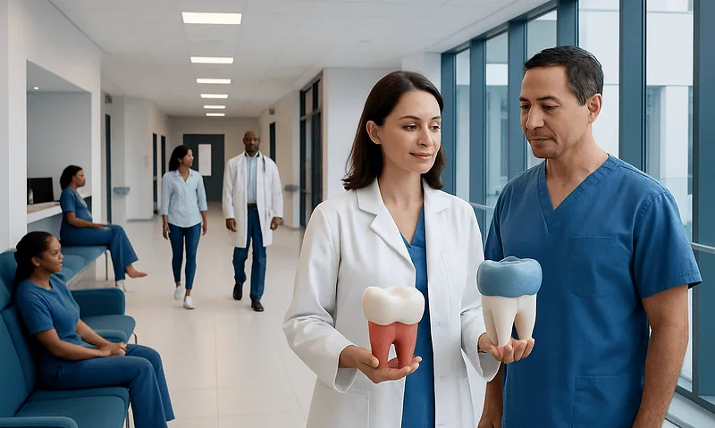Dentists holding dental models in a modern clinic corridor.