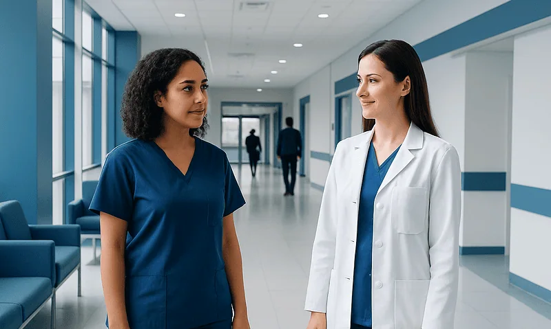Two female healthcare professionals talking in hospital corridor.