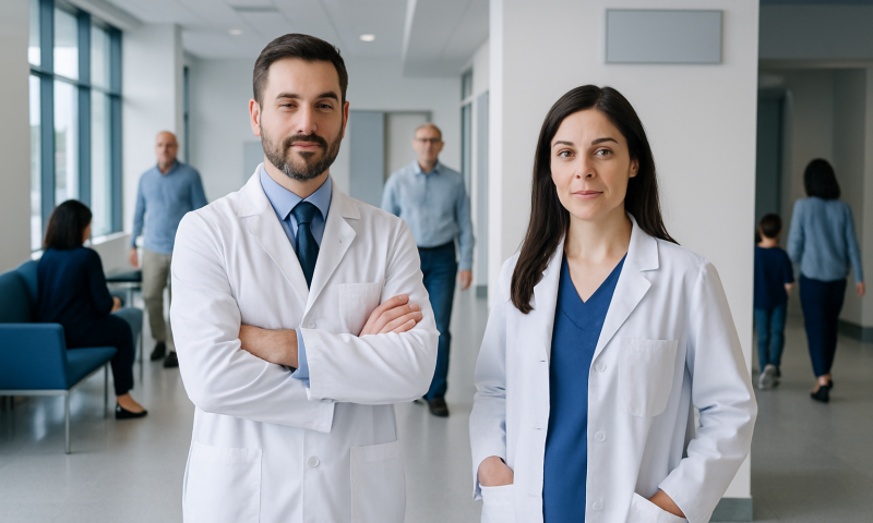 ENT specialists and allergists in a modern hospital setting.