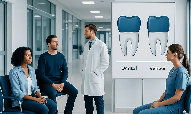 Dental consultation discussing crowns and veneers in a modern clinic.