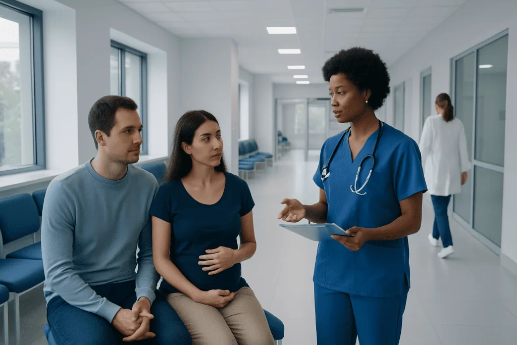 Intrauterine Insemination vs IVF: How Doctors Choose the Right Treatment 1 Doctor consulting with pregnant woman and partner in hospital corridor.