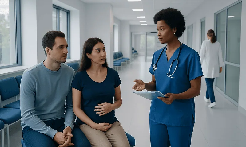 Doctor consulting with pregnant woman and partner in hospital corridor.